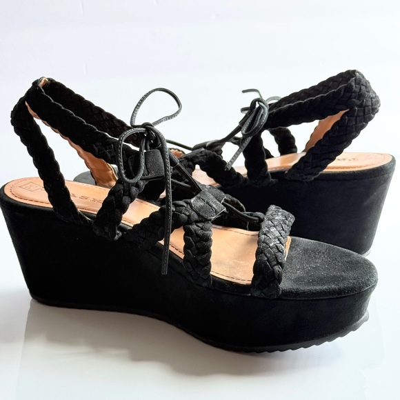 Trask Black Suede Platform Braided Wedge Lace-Up Sandals Size 11 - Picture 1 of 11